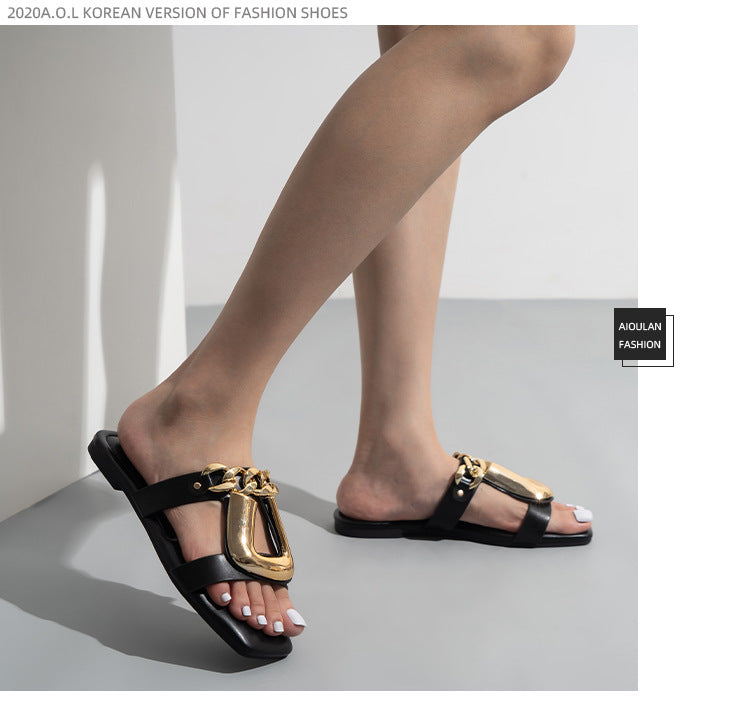 Classy U Chain Buckle Square Toe Flat Sandals - GORGEOUS 271, LLC 