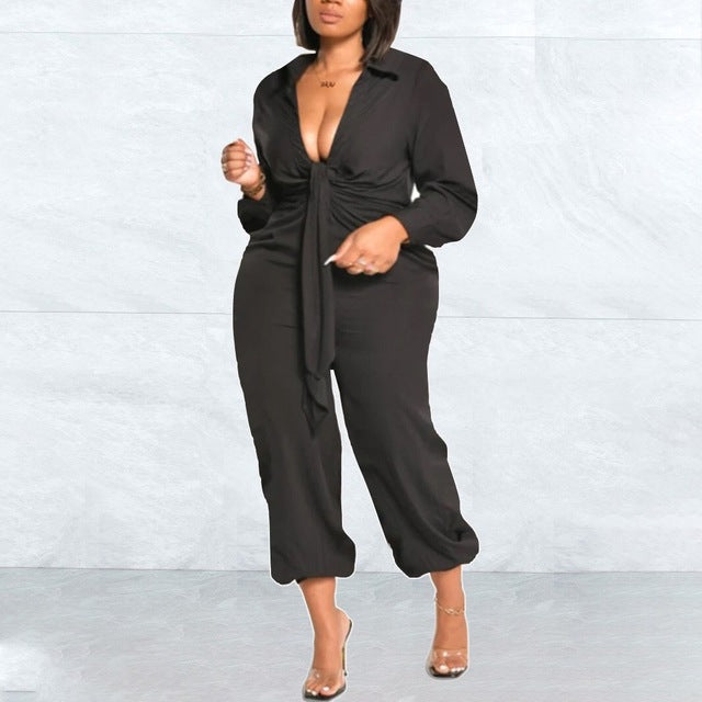 Luxury Plus Size Long Sleeve V Neck High Waist Jumpsuit - GORGEOUS 271, LLC 