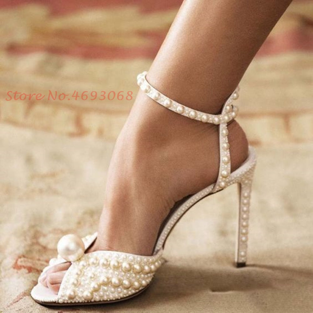 Peep Toe Pearl Ankle Wrap High Heels - GORGEOUS 271, LLC 