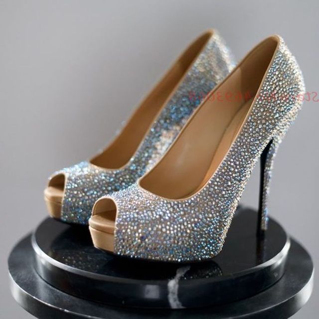 Bling Crystal Peep Toe Slip On Luxury High Heels - GORGEOUS 271, LLC 
