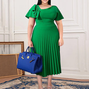 The Classy Plus Size Curve Ruffle Dress comes in Only the Color Green, Sizes are from Large - to 4XL also great to add to your High-end, Classy, Elegant, Luxury Plus Size Dress collection.